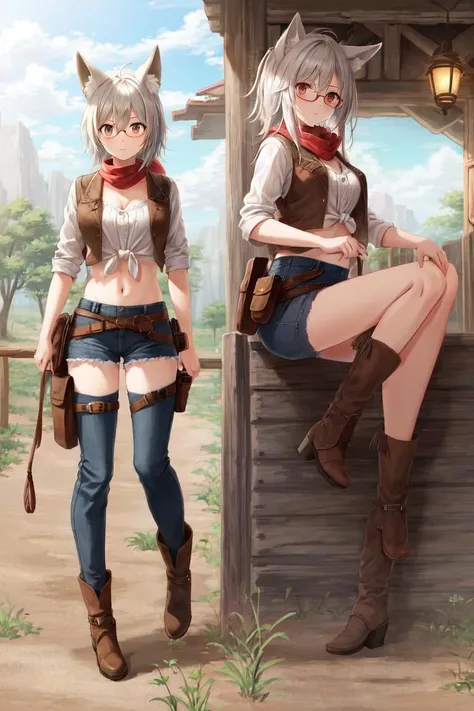 ((best quality)), ((highly detailed)), masterpiece, (detailed eyes, deep eyes), (1girl), (glasses), full body, <lora:cowgirl_outfit_v0.1a:1>, cowgirl outfit, cowboy hat, cowboy boots, fringe trim, tied shirt, midriff, holster, bandana, <lora:hairdetailer:.7>, fox girl, fox ears, fox tail, brown eyes, <lora:slit-pupils:1>, snake eyes, (Misty rose white) hair