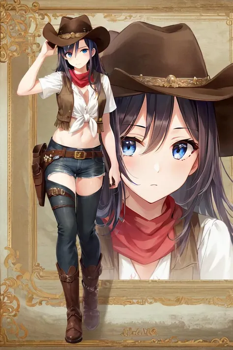 ((best quality)), ((highly detailed)), masterpiece, extremely detailed face, beautiful face, (detailed eyes, deep eyes), (1girl), full body, <lora:cowgirl_outfit_v0.1a:1>, cowgirl outfit, cowboy hat, cowboy boots, fringe trim, vest, tied shirt, midriff, holster, bandana,