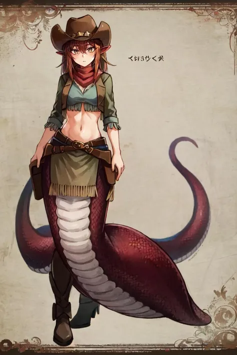 ((best quality)), ((highly detailed)), masterpiece, (detailed eyes, deep eyes), (1girl), different views, full body, <lora:cowgirl_outfit_v0.1a:1>, cowgirl outfit, cowboy hat, cowboy boots, fringe trim, holster, bandana, <lora:aiomonstergirls_loraLocon:.5>, <lora:animeLamia_v10:1>, (lamia), scales, tail, merged at waist, standing, (red scales), <lora:slit-pupils:1>, snake eyes