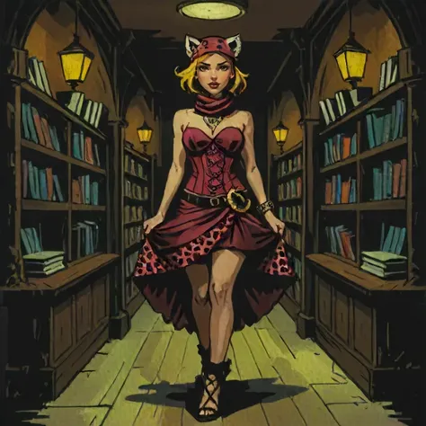 <lora:DarkestDungeon_XL002:0.75> DarkestDungeon, <lora:DarkestDungeon_XL003:0.58>, female Sylph wearing Burgundy Lycra Animal print High-low hem skirt and Caramel Polyester Zigzag Corset top and Mules and Sun visor and Scarf ring , BREAK A lively bookstore, with cozy reading nooks and book lovers browsing the shelves.