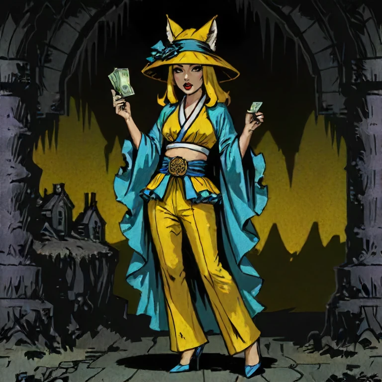 <lora:DarkestDungeon_XL002:1> DarkestDungeon, <lora:DarkestDungeon_XL003:0.78>, female Kitsune wearing Dark yellow Canvas Scallop Palazzo pants and Azure Damask Ruffled Kimono top and Stilettos and Pillbox hat with a veil and Money belt