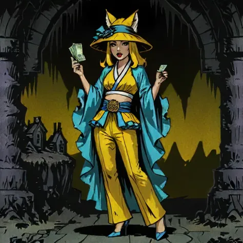 <lora:DarkestDungeon_XL002:1> DarkestDungeon,  <lora:DarkestDungeon_XL003:0.78>, female  Kitsune  wearing Dark yellow Canvas Scallop Palazzo pants and Azure Damask Ruffled Kimono top and Stilettos and Pillbox hat with a veil and Money belt