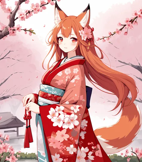 Illustration of a fox girl wearing a traditional Japanese kimono, with a detailed floral pattern and vibrant colors. Her long flowing hair is adorned with delicate cherry blossoms and  standing gracefully against a backdrop of a serene cherry blossom garden.