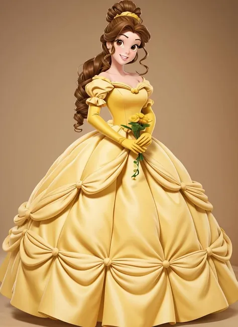1girl, female character with brown hair styled with a twisted bun and a few loose curls, fair skin, hazel eyes, wearing a flowing yellow ball gown with ruched detailing and a ruffled white petticoat underneath, <lora:Princess_Belle:1>, Princess Belle