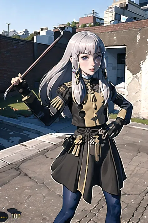 Highly detailed, High Quality, Masterpiece, beautiful, 1girl, solo, lysithea von ordelia, lysitheauniform, blue pantyhose, <lora:Char_FireEmblem_Lysithea:1>, gmodcrowbar, holding crowbar, <lora:Pos_CrowbarPose:1>