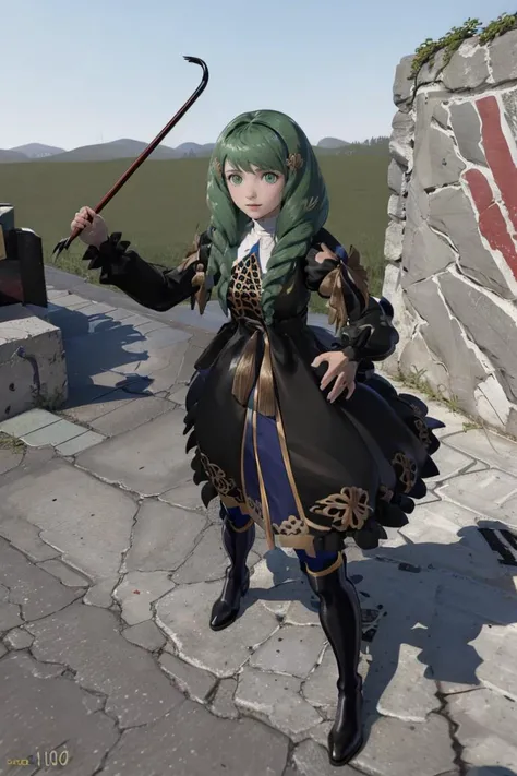 masterpiece, best quality, flayn, hair ornaments, black dress, blue pantyhose, knee boots, gmodcrowbar, holding crowbar <lora:Crowbar:1> <lora:flayn-nvwls-v1-final:1>