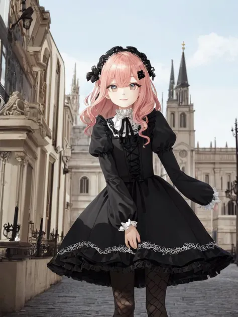 best quality, high detailed, Faint lips,UC:realistic, cinematic lighting petite 1girl pink hair coral eyes, seductive kind smile school_Uniform, extremely detailed character, (an extremely delicate and beautiful), solo focus, straight-on, dramatic angle, depthoffield, ((cinematic lighting)) ((character (expressionless languorous cute, beautiful detailed eyes lower eyelashes eyelashes wavy hair, intricate:1.3 ((Gothic ta)) ((Frilled)) Headdress, bowknot, (((hair ornament))), [hair flower], eyeliner skindantation black fishnet_pantyhose, garter straps, Lace, cross-laced footwear, frilled blouse ribbon-trimmed sleeves))), bloomers [background(building architecture, stained glass ((gothic architecture)) church, (castle), [fantasy])] stained glass candlestick chain iron prison, St. Peter's Basilica, vachican