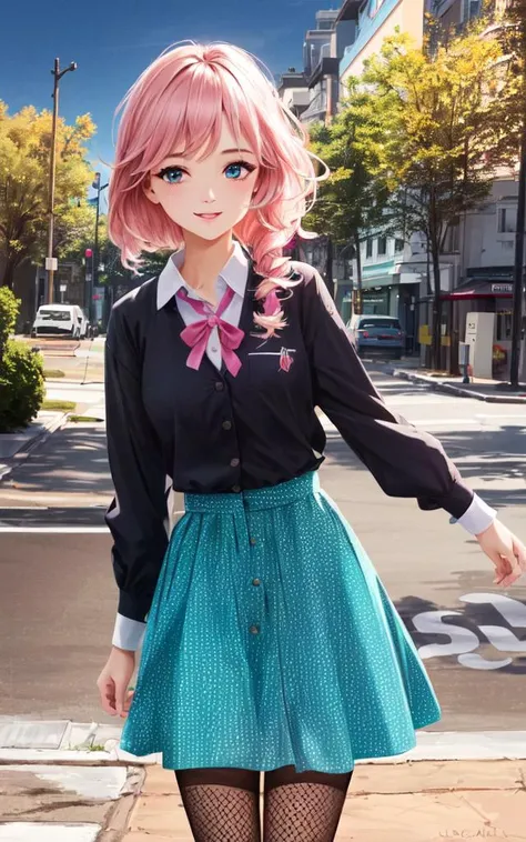 best quality, high detailed, Faint lips,UC:realistic, cinematic lighting kawaii cute 1girl yo pink hair turquoise eyes, smile school_Uniform fishnet tights dress shoes upperbody , (masterpiece) 8k_wallpaper