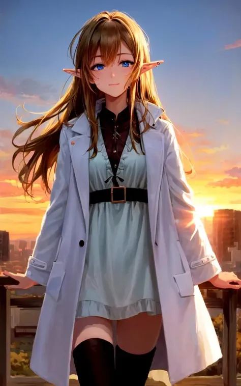 cute elf Young woman 21years old  [lightgreen] eyeliner piercing small breasts skindantation shiny hair gradation [gradient partially [blond:silver:0.9] hair] super long hair blue eyes ((eyes visible through hair)) closed eyes smile:1.2 +++ vivid vermilion dress, blouse white super long coat, thighhighs, darkbrown lace-up long boots, charcoal collar thigh_gap, Shinjuku Kabukicho, warm light sunset, rays light sparkles lens flare deep shadows, depth of field peerless scenery sentimental, (masterpiece) 8k_wallpaper