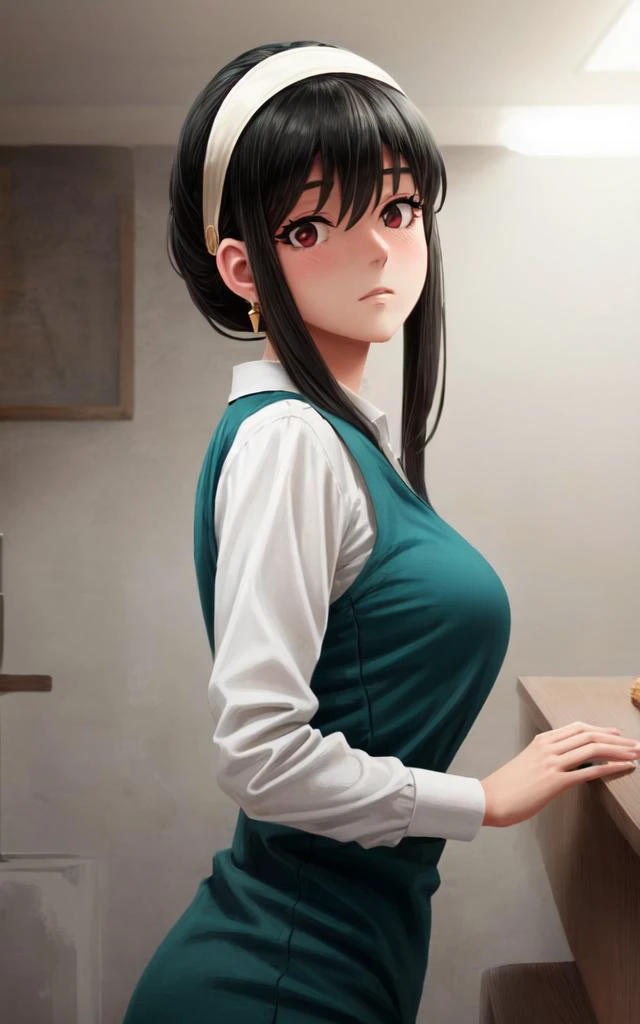 yor briar, <lora:yor:0.7:NIN> 1girl, black hair sideburns:1.8, (slanted eyes:1.6) red eyes, medium breasts, shiny hair bangs, gold earrings, long locks hair between eyes skindantation flustered look  blush +++ long hair  +++ white open-collared shirt, turquoise vest, turquoise Pencil Skirt, office , black pantyhose, white hairband, 1boy:1girl ++((couple hug from behind)) [[paw pose]]++, bakery , +++ extremely quality extremely detailed deep-silky-healthy-lackwarm-foundational-soft-skin high resolution, contrapposto glow shine like opal magnificent photo realistic ray trace depth of field <lora:_flat2:-0.4:ALL> <lora:_hipoly3DModelLora_v20:0.3:NF> hiqcgbody ++ Faint lips,UC:realistic, cinematic lighting cinematic angle Girl at the front dynamic pose, from below , looking at another, cowboy shot