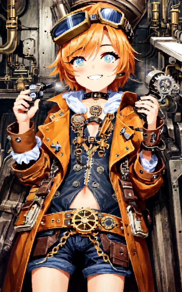 (steampunk:1.5) (glass gold silver blass pipe pipeline steam-unit gear mainspring pulley) (mechanical movement fantasy leather metal assembly unit craft headfhone):1.4 (goggles:1.5) plant:1.5 , it chi 1boy 8yo, cross symbol in the pupils and iris, ((skindantation)) ((flat chest)) +++, on back, Punks hotpants leather jacket off shoulder studs:1.2 hair pulled back rivet choker wrist_cuffs chain leather bustier corset lower eyelashes pierces body pierces navel pierce rings, (pixel art):1.5,, +++
light orange hair,
orange eyes,
short hair ,
spiked hair,
wavy hair ,
hair_pulled_back,
evil smile,
+++, <lora:_noline:0.8:lbw=ALL>