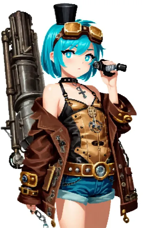 (steampunk:1.5) (glass gold silver blass pipe pipeline steam-unit gear mainspring pulley) (mechanical movement fantasy leather metal assembly unit craft headfhone):1.4 (goggles:1.5) plant:1.5 Bomber jacket , it chi 1boy 8yo, cross symbol in the pupils and iris, ((skindantation)) ((flat chest)) +++, from side, Punks hotpants leather jacket off shoulder studs:1.2 hair pulled back rivet choker wrist_cuffs chain leather bustier corset lower eyelashes pierces body pierces navel pierce rings, (pixel art):1.5,, +++
- aqua hair,
silver eyes,
medium hair ,
bob,
streaked hair ,
bangs,
pupils sparkling,
+++, <lora:_noline:0.8:lbw=ALL>
