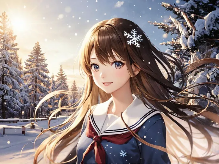 best quality, high detailed, Faint lips,UC:realistic, cinematic lighting petite 1girl indigo hair brown eyes, seductive happy school_Uniform, floating beautiful detailed sky, an detailed very close to viewers focus on face messy long hair lens flare,light leaks detailed beautiful Snow Forest with Trees spirit ((Snowflakes)),floating sand flow,navel
