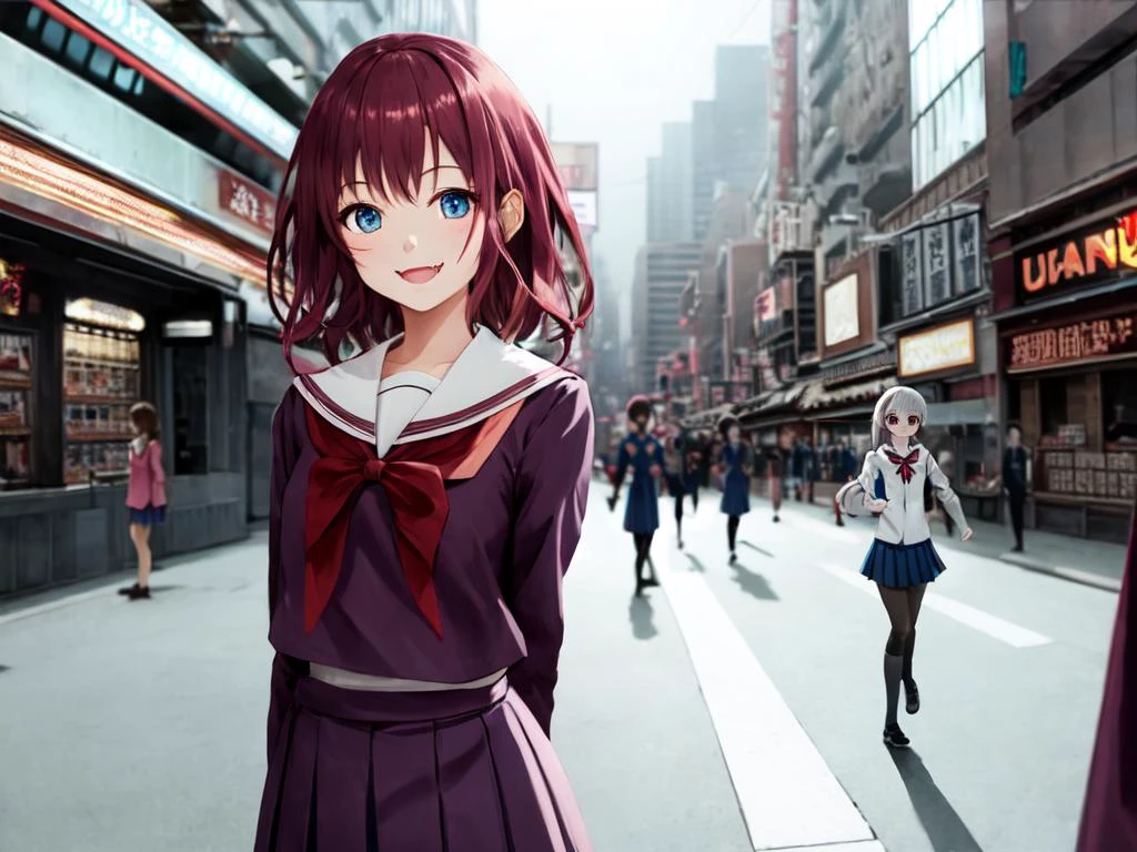 petite 1girl school_Uniform burgundy hair turquoise eyes, smile fang, best quality, high detailed, Faint lips,UC:realistic, cinematic lighting, cowboy shot , Doutonbori deep shadows, depth of field half moon, night