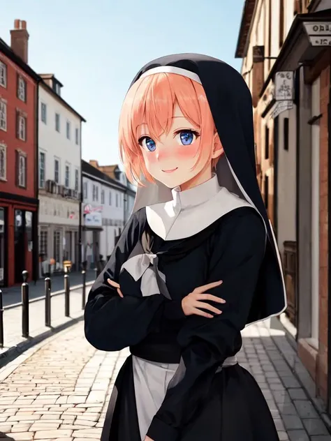 best quality, high detailed, Faint lips,UC:realistic, cinematic lighting petite 1girl starry print hair coral eyes, seductive embarrassed nose blush smile school_Uniform, nun Monastic clothes frock, fantasy city, in the square of the castle town, outdoor,  in medieval main street