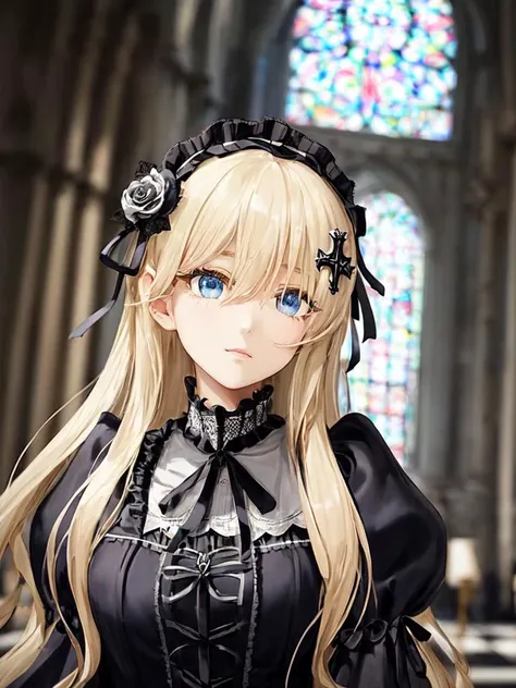 best quality, high detailed, Faint lips,UC:realistic, cinematic lighting petite 1girl blond hair sky blue eyes, seductive :3 school_Uniform, extremely detailed character, (an extremely delicate and beautiful), solo focus, straight-on, dramatic angle, depthoffield, ((cinematic lighting)) ((character (expressionless languorous cute, beautiful detailed eyes lower eyelashes eyelashes wavy hair, intricate:1.3 ((Gothic Lolita)) ((Frilled)) Headdress, bowknot, (((hair ornament))), [hair flower], eyeliner skindantation black fishnet_pantyhose, garter straps, Lace, cross-laced footwear, frilled blouse ribbon-trimmed sleeves))), bloomers [background(building architecture, stained glass ((gothic architecture)) church, (castle), [fantasy])] stained glass candlestick chain iron prison, St. Peter's Basilica, vachican