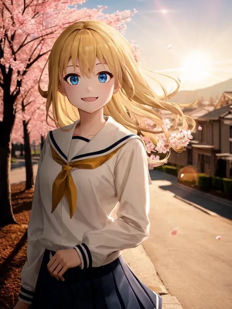 Peachland, fantastic, cherry blossoms, petals, wind, rays light sparkles lens flare deep shadows golden hour, petite 1girl school_Uniform blond hair blue eyes, smile fang, best quality, high detailed, Faint lips,UC:realistic, cinematic lighting,  cowboy shot