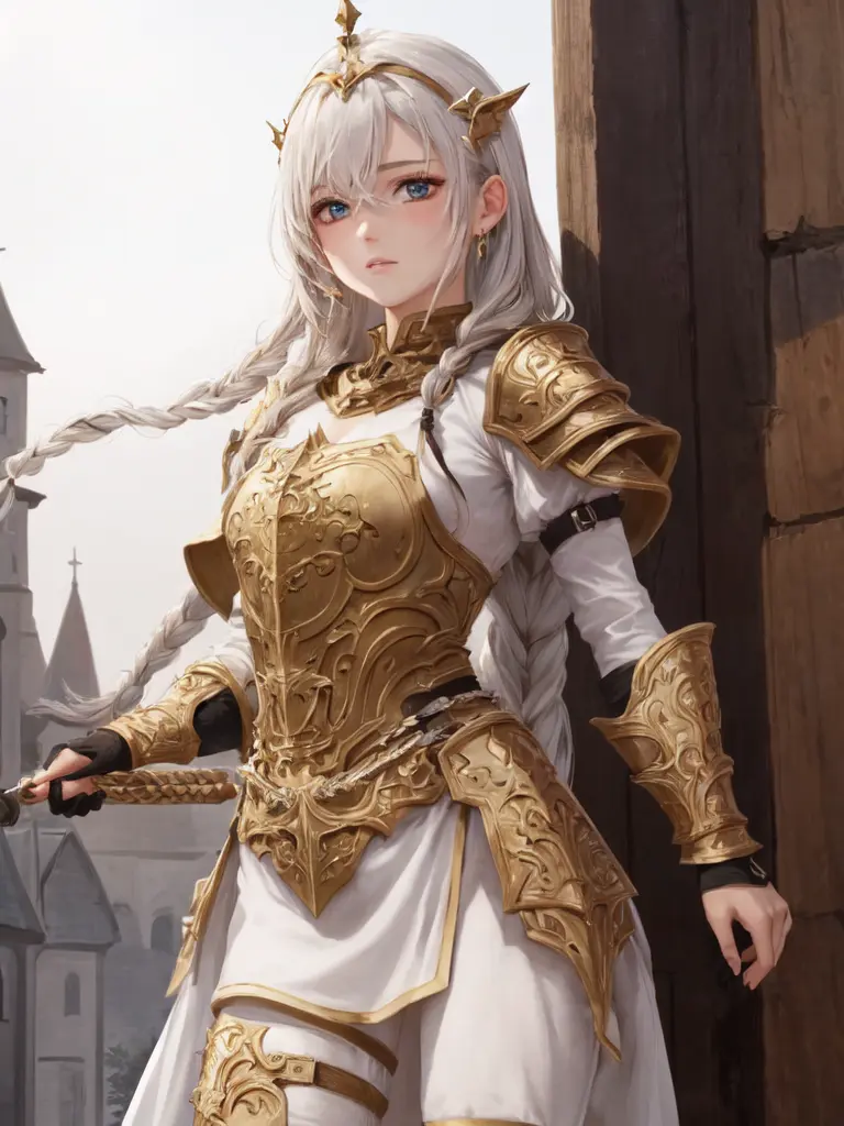 kawaii ite minor 1girl 13y old eyeliner shiny hair skindantation (a mole under the right eye) medium breasts (eyes visible through hair) +++, +++
clear coral hair,
indigo eyes.
medium hair very long hair },
twin braids,
drill hair ,
crossed bangs,
hair flaps ,
:3,
blush ,
+++, +++ masterpiece extremely quality extremely detailed absurdres deep-silky-healthy-lackwarm-foundational-soft-skin ultra detailed hair ultra detailed eyes ultra detailed face high resolution, contrapposto glow shine like opal magnificent perfect realistic:1.3 ray trace depth of field ++ Faint lips,UC:realistic, cute anime face cinematic lighting cinematic angle Girl at the front single focus dynamic pose <lora:hipoly3DModelLora_v10:0.3:NF>, ( Glossy Metallic Engraving Pattern medium shirt gold armor intricate dress armor intricate Plunging armor intricate breastplate gladiator:1.2) muscular headpiece helmet stole tabard, fantasy city, in the square of the castle town, outdoor, in medieval main street