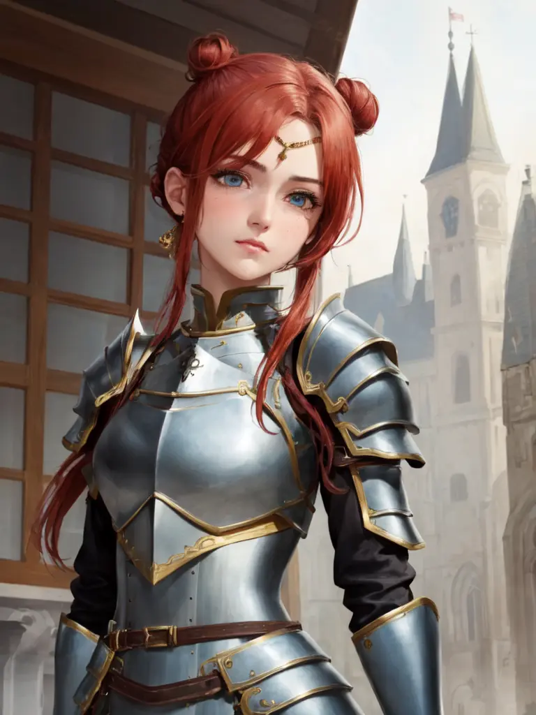 kawaii ite minor 1girl 13y old eyeliner shiny hair skindantation (a mole under the right eye) large breasts (eyes visible through hair) +++, +++
bright red hair,
indigo eyes.
medium hair very long hair },
braided bun,
drill hair ,
swept bangs,
sideburns ,
gasping,
blush ,
head_tilt standing
+++, +++ masterpiece extremely quality extremely detailed absurdres deep-silky-healthy-lackwarm-foundational-soft-skin ultra detailed hair ultra detailed eyes ultra detailed face high resolution, contrapposto glow shine like opal magnificent perfect realistic:1.3 ray trace depth of field ++ Faint lips,UC:realistic, cute anime face cinematic lighting cinematic angle Girl at the front single focus dynamic pose <lora:hipoly3DModelLora_v10:0.3:NF>, ( Glossy Metallic Engraving Pattern medium shirt gold armor intricate dress armor intricate Plunging armor intricate breastplate gladiator:1.2) muscular headpiece helmet stole tabard, fantasy city, in the square of the castle town, outdoor, in medieval main street