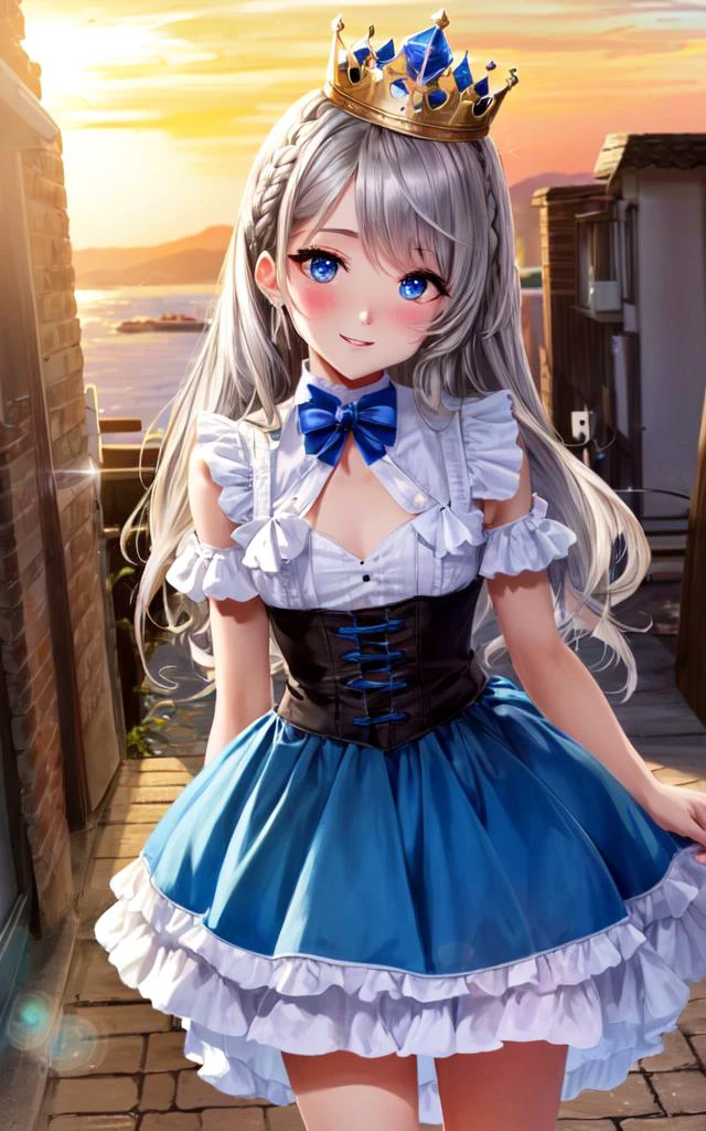 kawaii it chi innocent ankle-biter 1girl 8yo, star-shaped pupils small_star symbol in the pupils and iris, ((skindantation)) ((flat chest)) +++, Sapporo, warm light sunset, rays light sparkles lens flare deep shadows, depth of field peerless scenery sentimental, silver frilled intricate long_skirt pannier bustier corset crinoline stockings:1.5 high_heels_sandals double-breasted,underbust, +++
yellow eyes,
bright turquoise hair,
long hair ,
crown braid,french braid,
wavy hair ,
hair over one eye,
sideburns ,
kind smile,
blush ,
head_tilt standing
+++, +++ extremely quality extremely detailed deep-silky-healthy-lackwarm-foundational-soft-skin, illustration high resolution, contrapposto glow shine like opal, <lora:_flat2:-0.3:ALL> <lora:_hipoly3DModelLora_v20:0.3:NF> hiqcgbody ++ Faint lips,UC:realistic cute anime face cinematic angle Girl at the front dynamic pose