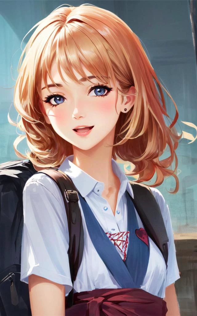best quality, high detailed, Faint lips,UC:realistic, cinematic lighting kawaii cute 1girl yo orange hair silver eyes, :D school_Uniform pantyhose monk strap upperbody , (masterpiece) 8k_wallpaper
