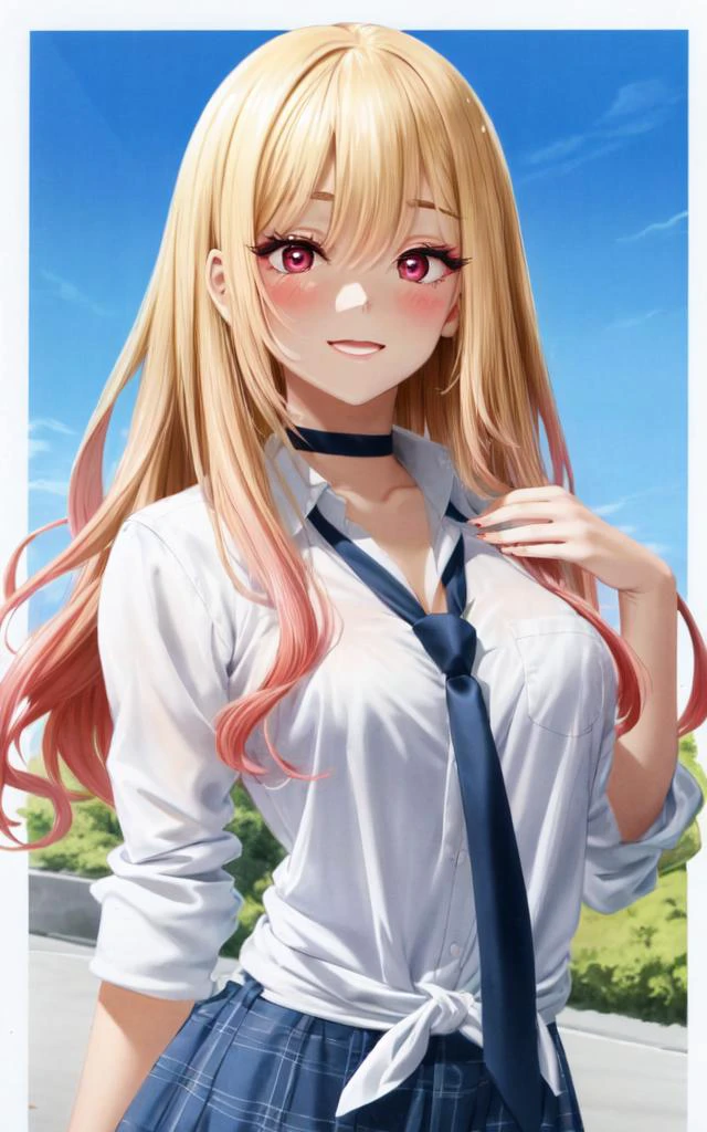 Kitagawa marin, <lora:marin:0.9:NIN> 1girl medium breasts, (round eyes):1.6 pinkred eyes long eyelashes pink eyeliner (lower eyelashes) black eyelashes coin_choker pierce slender skindantation nails choke blush shiny hair straight hair (gradient hair (blond:lightpink:0.8) hair) Streaked hair long hair +++ open mouth smile:1.4 +++ sleeves rolled up (white collared_shirt) (saxe_blue loose_necktie) (plaid_pleated_mini_skirt skyblue skirt), +++ extremely quality extremely detailed deep-silky-healthy-lackwarm-foundational-soft-skin, anime coloring illustration high resolution, contrapposto glow shine like opal, <lora:_flat2:-0.2:ALL> <lora:_hipoly3DModelLora_v20:0.3:NF> hiqcgbody ++ Faint lips,UC:realistic cute anime face cinematic angle Girl at the front dynamic pose
