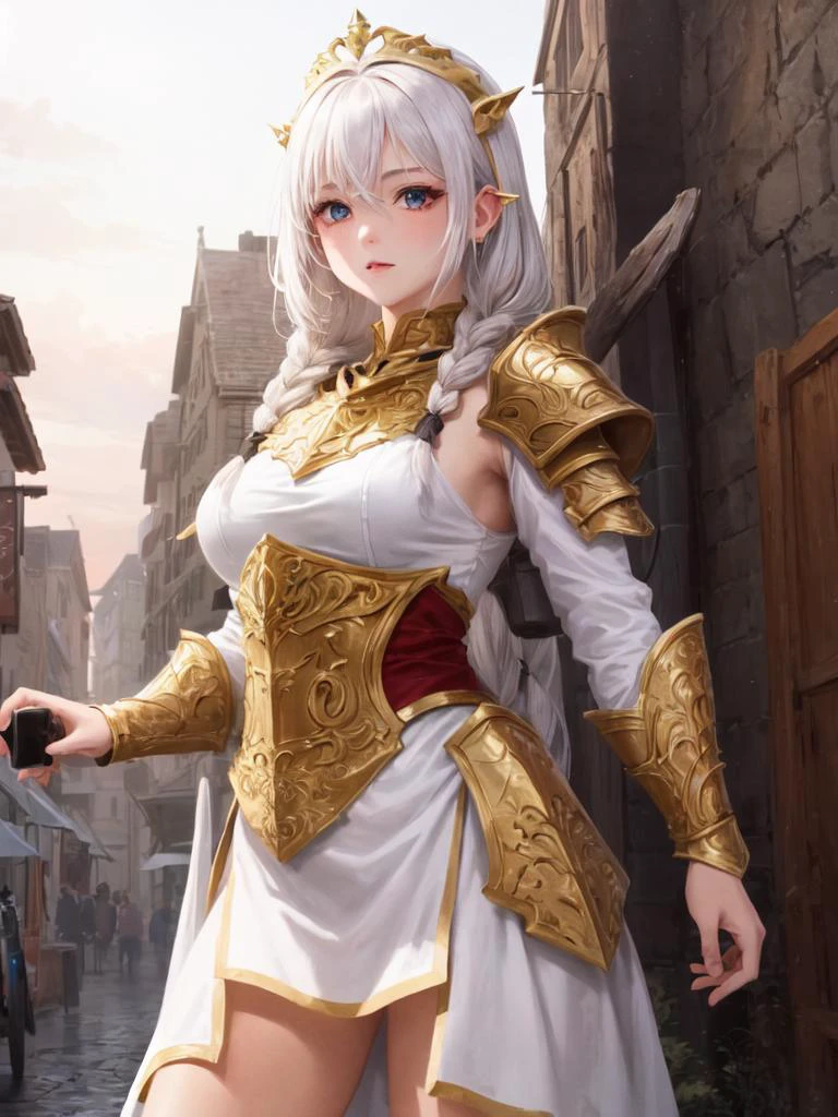 kawaii ite minor 1girl 13y old eyeliner shiny hair skindantation (a mole under the right eye) medium breasts (eyes visible through hair) +++, +++
clear coral hair,
indigo eyes.
medium hair very long hair },
twin braids,
drill hair ,
crossed bangs,
hair flaps ,
:3,
blush ,
+++, +++ masterpiece extremely quality extremely detailed absurdres deep-silky-healthy-lackwarm-foundational-soft-skin ultra detailed hair ultra detailed eyes ultra detailed face high resolution, contrapposto glow shine like opal magnificent perfect realistic:1.3 ray trace depth of field ++ Faint lips,UC:realistic, cute anime face cinematic lighting cinematic angle Girl at the front single focus dynamic pose <lora:hipoly3DModelLora_v10:0.3:NF>, ( Glossy Metallic Engraving Pattern medium shirt gold armor intricate dress armor intricate Plunging armor intricate breastplate gladiator:1.2) muscular headpiece helmet stole tabard, fantasy city, in the square of the castle town, outdoor, in medieval main street