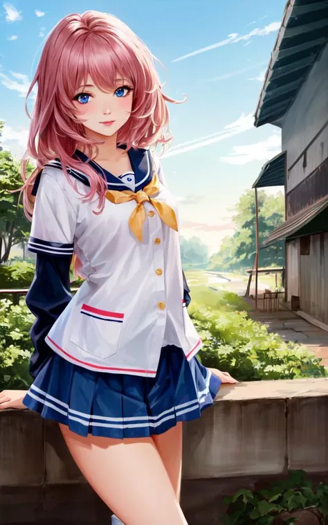 best quality, high detailed, Faint lips,UC:realistic, cinematic lighting kawaii cute 1girl 16yo pink hair iridescence eyes, kind smile school_Uniform high socks platform boots upperbody