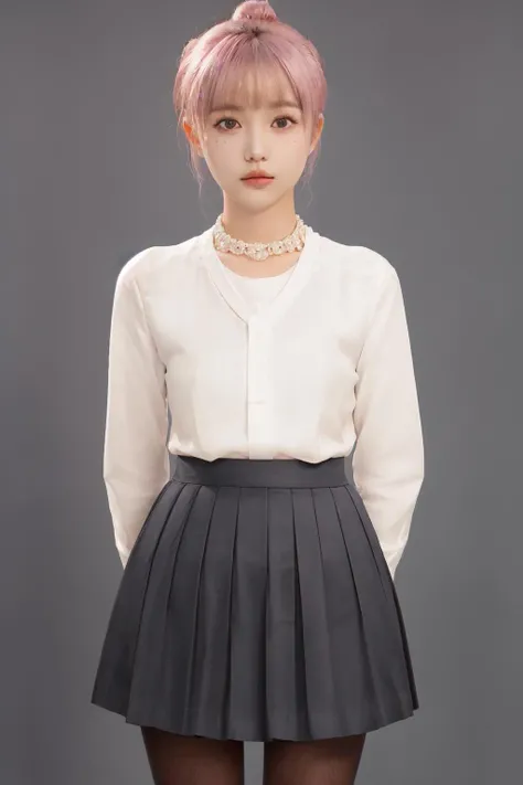 masterpiece, best quality, 1girl,simple background, pencil skirt, school uniform, grey background, (full body), moles under eyes, pantyhose, hair bun, standing,parted lips,hair ornament,necklace, blurry, standing, crossed legs, parted lips, pantyhose, mary janes, pink hair,
arms behind back,
<lora:bgz_v1-000008:0.72>