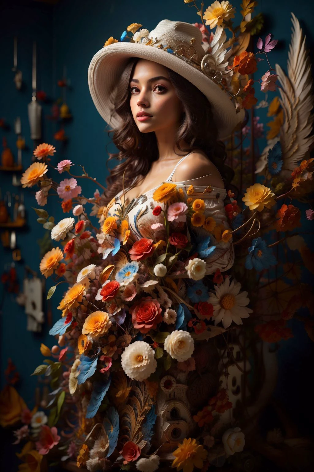 <lora:Felt_Craft:0.5>, <lora:bj_Alice:0.7>, 1girl,(full body:1.4),dolichoscelia,bare foot,solo,hat flower, cinematic lighting,strong contrast,romantic realism style,high level of detail,(dreamlike scenes),Rose,Yellow flower,Red flower,The bird,unit,Make up,jewel,Headwear ,dress,bare shoulders,bj_Alice, (masterpiece, best quality, high quality, highres, ultra-detailed),