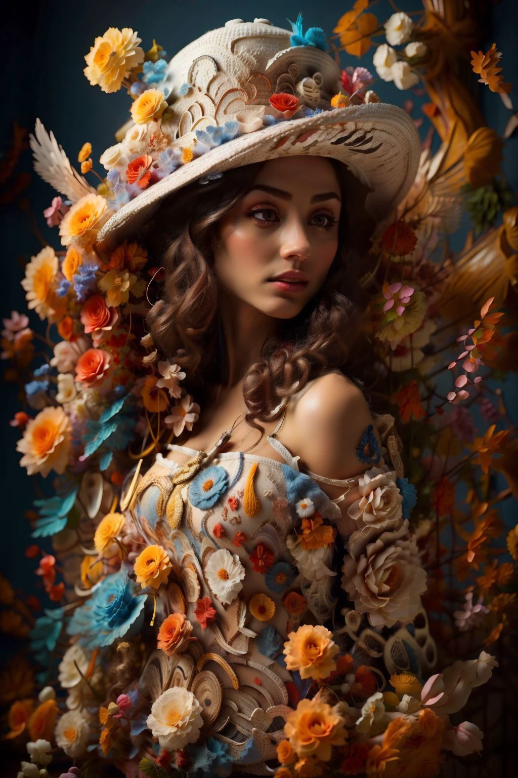 <lora:Felt_Craft:0.7>, <lora:bj_Alice:0.8>, 1girl,(full body:1.4),dolichoscelia,bare foot,solo,hat flower, cinematic lighting,strong contrast,romantic realism style,high level of detail,(dreamlike scenes),Rose,Yellow flower,Red flower,The bird,unit,Make up,jewel,Headwear ,dress,bare shoulders,bj_Alice, (masterpiece, best quality, high quality, highres, ultra-detailed),
