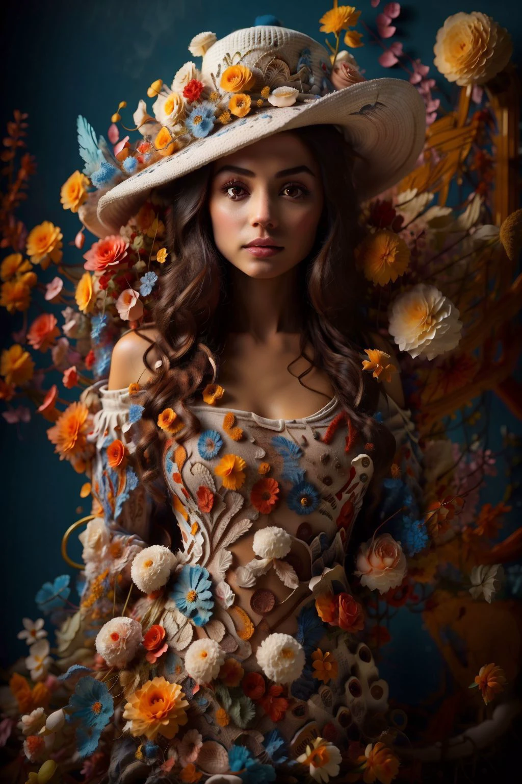 <lora:Felt_Craft:0.7>, <lora:bj_Alice:0.8>, 1girl,(full body:1.4),dolichoscelia,bare foot,solo,hat flower, cinematic lighting,strong contrast,romantic realism style,high level of detail,(dreamlike scenes),Rose,Yellow flower,Red flower,The bird,unit,Make up,jewel,Headwear ,dress,bare shoulders,bj_Alice, (masterpiece, best quality, high quality, highres, ultra-detailed),