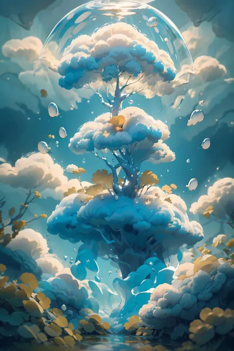 masterpiece, highly detailed, wallpaper, scenery, no humans, bubble, sky, nature, felt, tree, star (sky), forest, outdoors, signature, starry sky, sunbeams, cloud, air bubble, underwater, water, fantasy, moon, cloudy sky, water drop, blue sky, planet, reflection, sunlight, light rays, blurry, light particles, full background <lora:Felt_Craft:1>