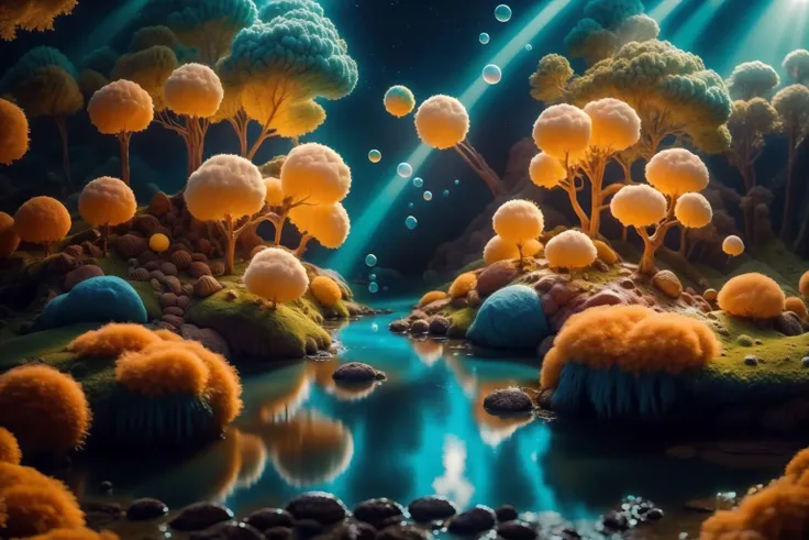 masterpiece, highly detailed, wallpaper, scenery, no humans, bubble, sky, nature, candyland, tree, star (sky), forest, outdoors, starry sky, sunbeams, cloud, air bubble, underwater, water, fantasy, moon, cloudy sky, water drop, blue sky, planet, reflection, sunlight, light rays, light particles, full background <lora:Felt_Craft:1> <lora:Candyland:1>