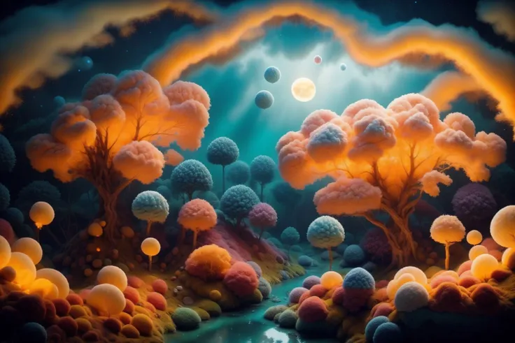 masterpiece, highly detailed, wallpaper, scenery, no humans, bubble, sky, nature, candyland, tree, star (sky), forest, outdoors, starry sky, cloud, air bubble, underwater, water, fantasy, moon, cloudy sky, water drop, blue sky, planet, reflection, sunlight, light particles, full background <lora:Felt_Craft:1> <lora:Candyland:1>