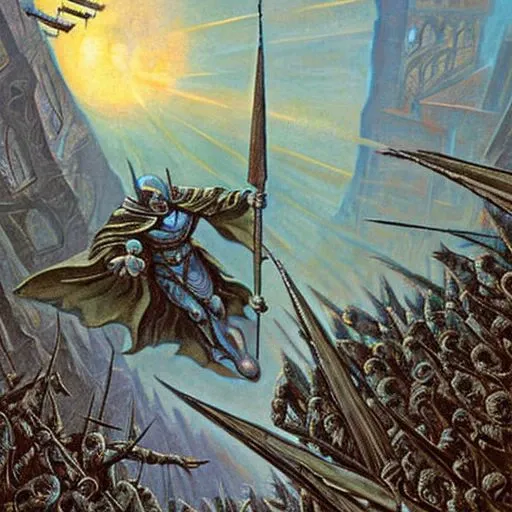 philippe druillet,enki bilal,moebius inspired french comics, bird's-Eye View of a man knight armor, resting in a haze of smoke, dust, eerie colored gas fog, <lora:primaris_marine-knight_armor-000007:0.8>, g1g3r, <lora:g1g3r:0.4>, distinct contrast in colors and textures, grainy texture,surreal