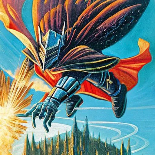 philippe druillet,enki bilal,moebius inspired french comics, bird's-Eye View of a man knight armor, resting in a haze of smoke, dust, eerie colored gas fog, <lora:primaris_marine-knight_armor-000007:0.8>, g1g3r, <lora:g1g3r:0.4>, distinct contrast in colors and textures, grainy texture,surreal