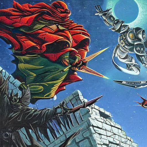 philippe druillet,enki bilal,moebius inspired french comics, bird's-Eye View of a man knight armor, resting in a haze of smoke, dust, eerie colored gas fog, <lora:primaris_marine-knight_armor-000007:0.8>, g1g3r, <lora:g1g3r:0.4>, distinct contrast in colors and textures, grainy texture,surreal