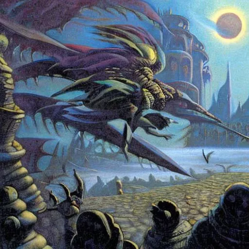 philippe druillet,enki bilal,moebius inspired french comics, bird's-Eye View of a man knight armor, resting in a haze of smoke, dust, eerie colored gas fog, <lora:primaris_marine-knight_armor-000007:0.8>, g1g3r, <lora:g1g3r:0.4>, distinct contrast in colors and textures, grainy texture,surreal