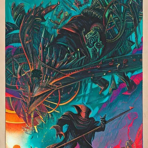 philippe druillet,enki bilal,moebius inspired french comics, bird's-Eye View of a man knight armor, resting in a haze of smoke, dust, eerie colored gas fog, <lora:primaris_marine-knight_armor-000007:0.8>, g1g3r, <lora:g1g3r:0.4>, distinct contrast in colors and textures, grainy texture,surreal