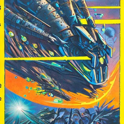 philippe druillet,enki bilal,moebius inspired french comics, bird's-Eye View of a man knight armor, resting in a haze of smoke, dust, eerie colored gas fog, <lora:primaris_marine-knight_armor-000007:0.8>, g1g3r, <lora:g1g3r:0.4>, distinct contrast in colors and textures, grainy texture,surreal