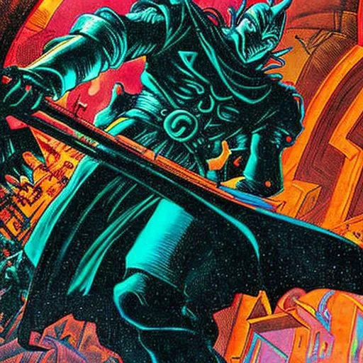 philippe druillet,enki bilal,moebius inspired french comics, bird's-Eye View of a man knight armor, resting in a haze of smoke, dust, eerie colored gas fog, <lora:primaris_marine-knight_armor-000007:0.8>, g1g3r, <lora:g1g3r:0.4>, distinct contrast in colors and textures, grainy texture,surreal