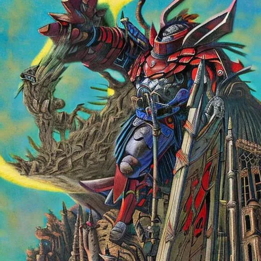philippe druillet,enki bilal,moebius inspired french comics, bird's-Eye View of a man knight armor, resting in a haze of smoke, dust, eerie colored gas fog, <lora:primaris_marine-knight_armor-000007:0.8>, g1g3r, <lora:g1g3r:0.4>, distinct contrast in colors and textures, grainy texture,surreal