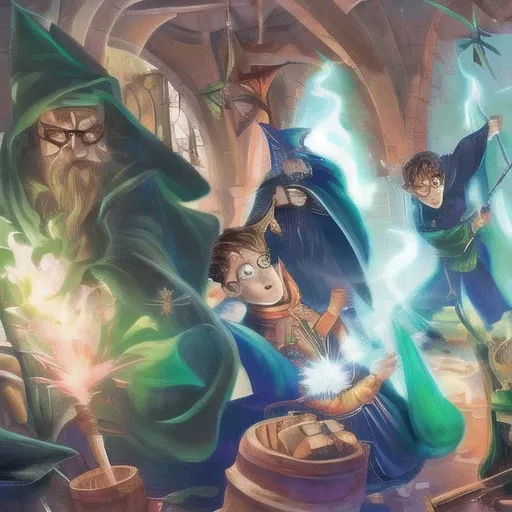 wizard battle on right side bad guys with green magic and on left good guys with red magic, by HarryPotterStyle