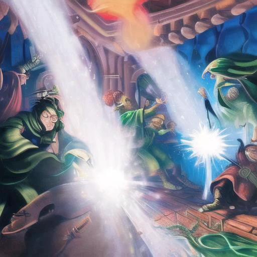 wizard battle on right side bad guys with green magic and on left good guys with red magic, by HarryPotterStyle
