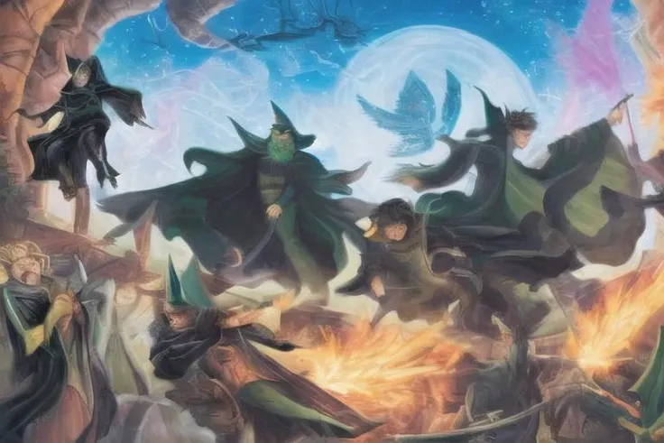 wizard battle on right side bad guys with green magic and on left good guys with red magic, by HarryPotterStyle