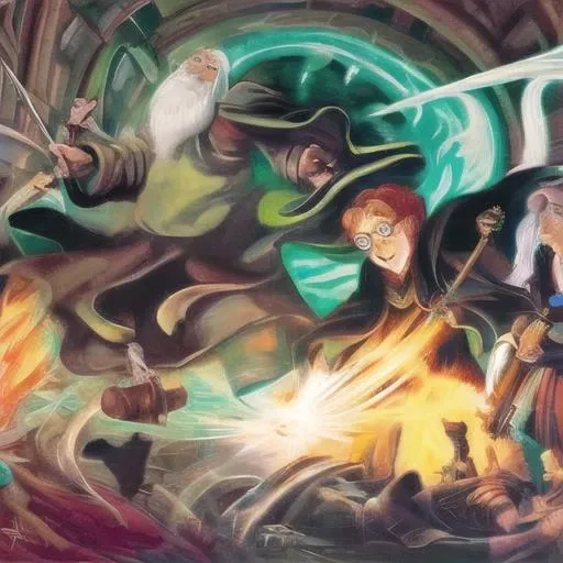 wizard battle on right side bad guys with green magic and on left good guys with red magic, by HarryPotterStyle