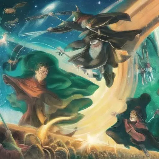 wizard battle on right side bad guys with green magic and on left good guys with red magic, by HarryPotterStyle