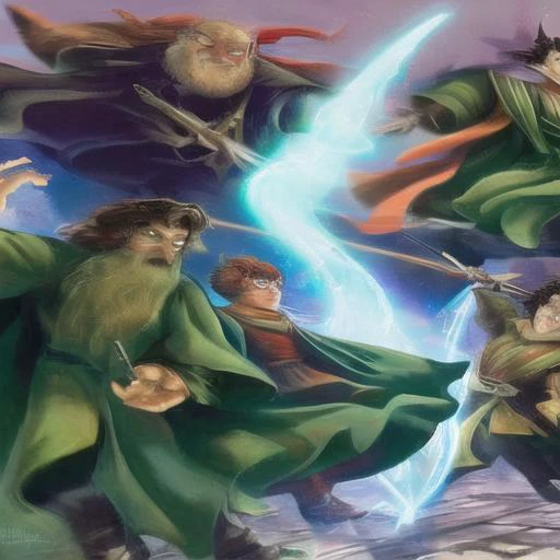 wizard battle on right side bad guys with green magic and on left good guys with red magic, by HarryPotterStyle