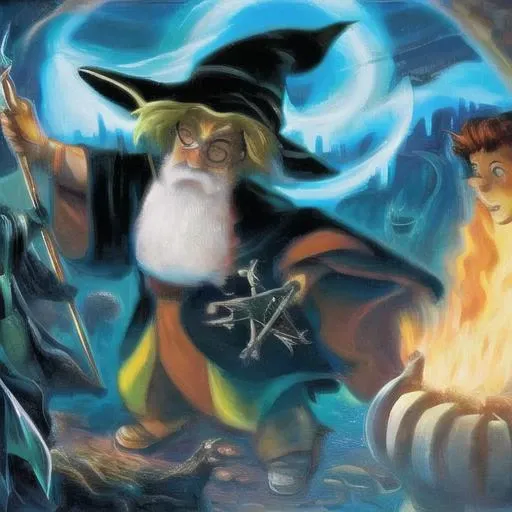 wizard battle on right side bad guys with green magic and on left good guys with red magic, by HarryPotterStyle